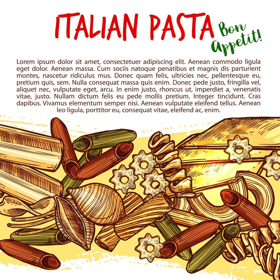 cartaz de formas de massas italianas com desenho de espaguete vetor