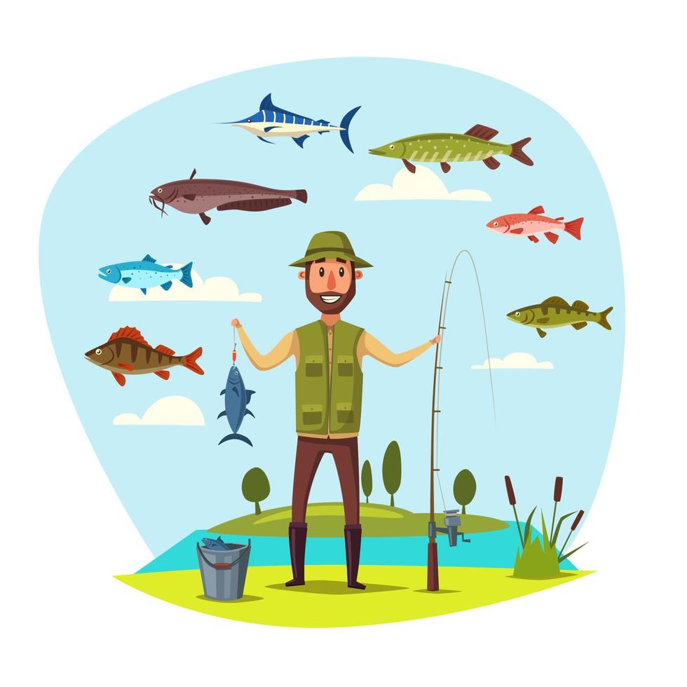 homem pescador com pesca de vetor de captura de peixe