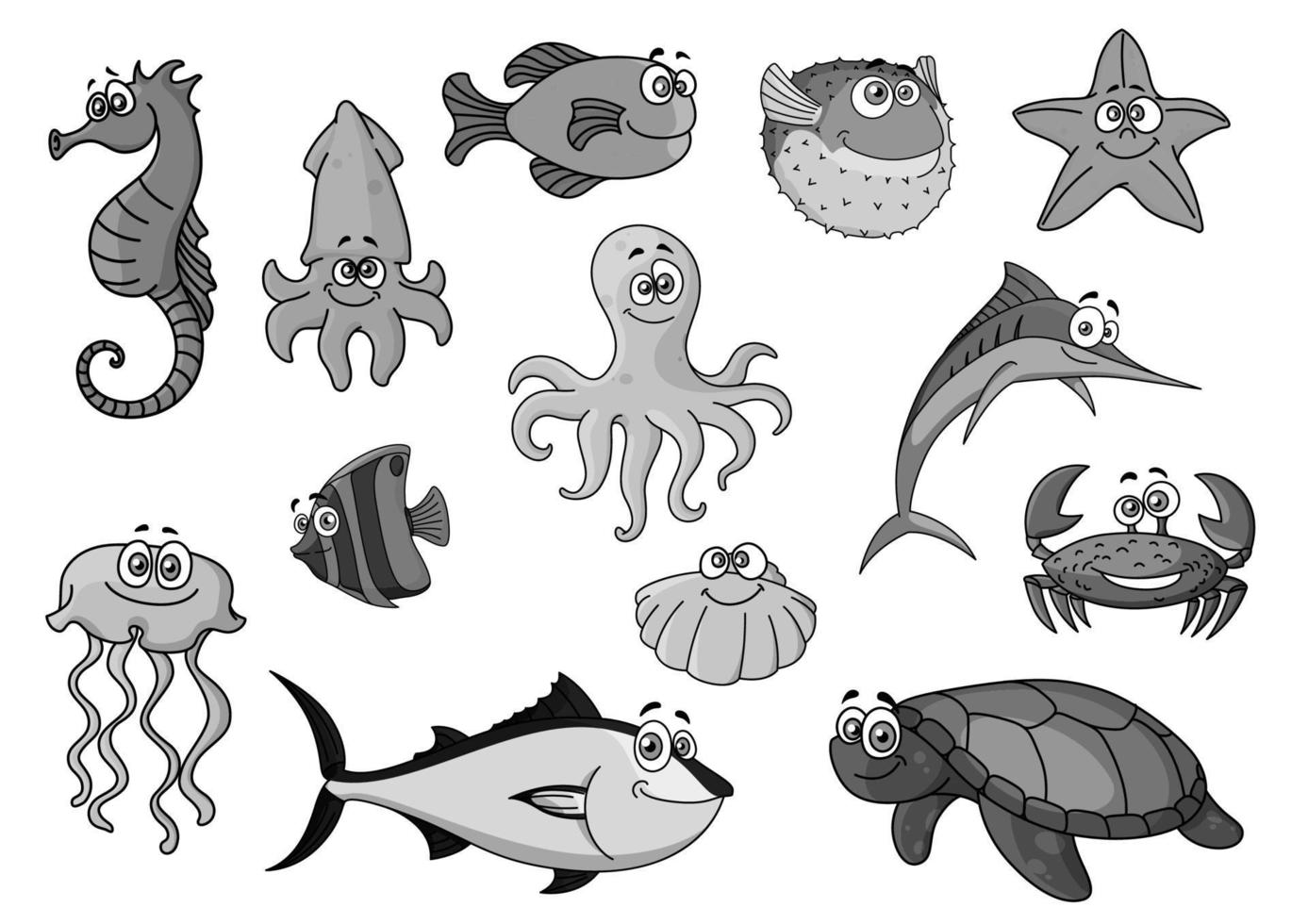 ícones de vetor de desenhos animados de peixes e animais oceânicos