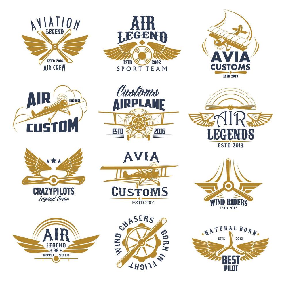 ícones retrô de vetor de equipe de lenda de avião de aviação