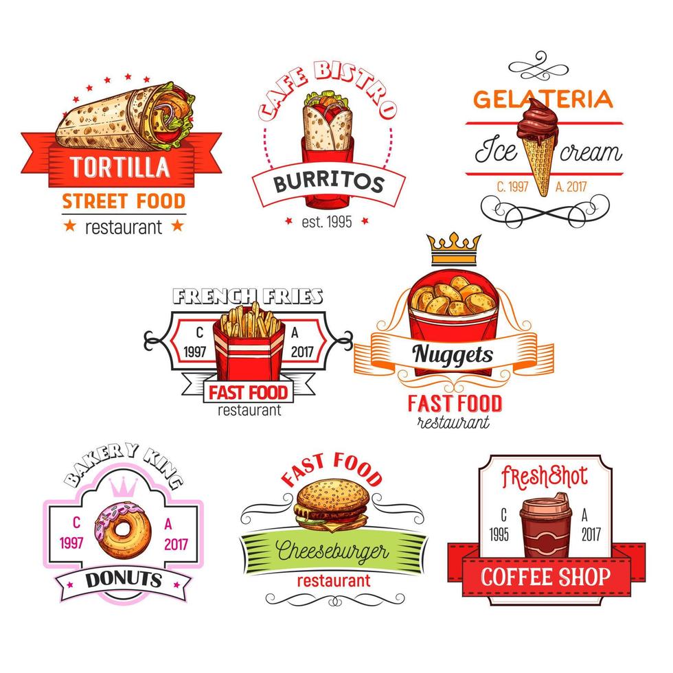 esboço de ícones de restaurante de vetor de lanches de fast food
