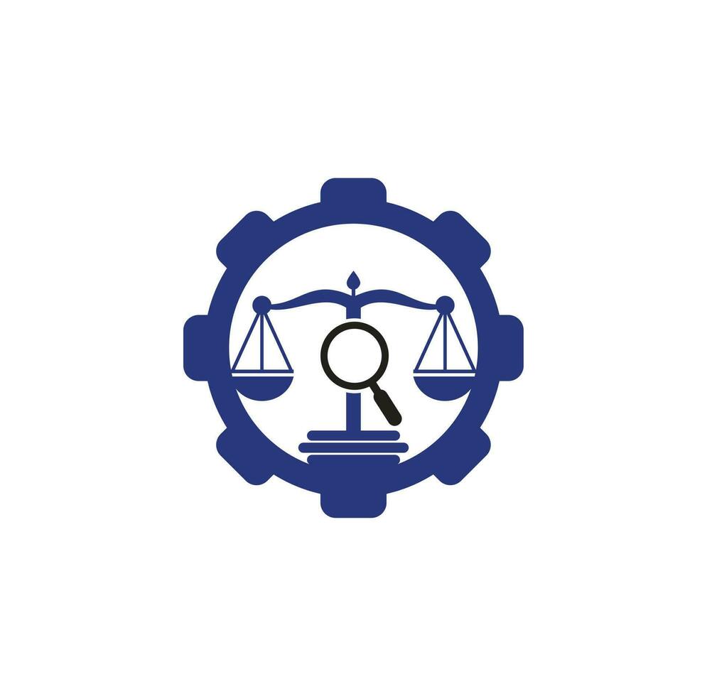 encontre o modelo de vetor de logotipo de engrenagem de justiça, conceitos de design de logotipo de escritório de advocacia criativo. lupa logotipo do escritório de advocacia