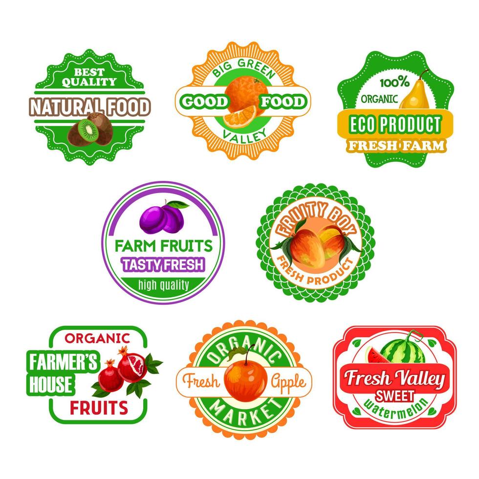 rótulos de frutas para design de alimentos e sucos de fazenda ecológica vetor