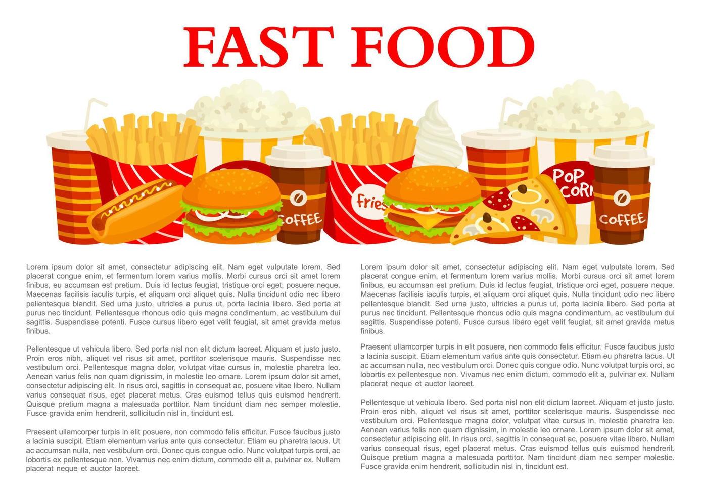 cartaz de fast food de hambúrguer vetorial, bebida, sobremesa vetor