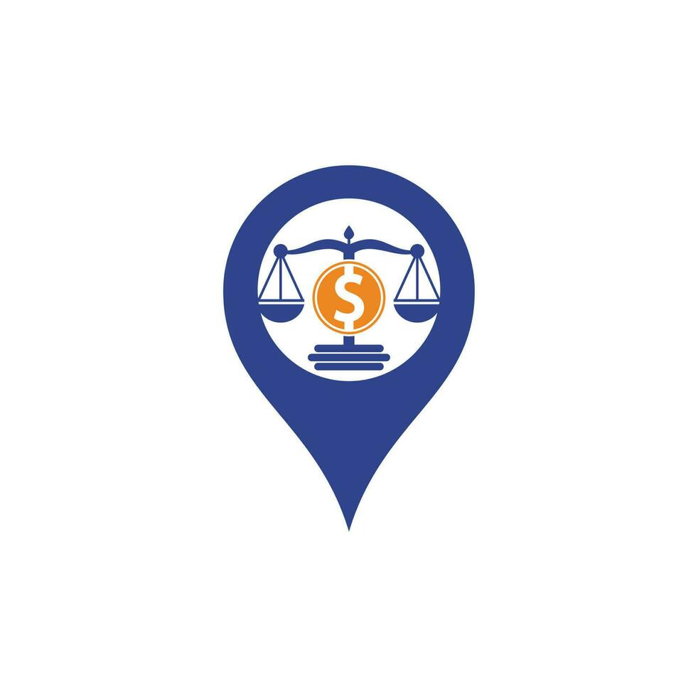 dinheiro escritório de advocacia mapa pin forma design de logotipo de vetor. conceito de finanças. escala de logotipo e ícone de símbolo de dólar vetor