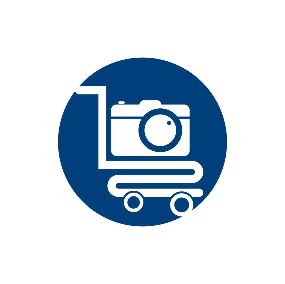 ícone de vetor de logotipo de loja de câmera. carrinho de compras com modelo de design de logotipo de lente de câmera.