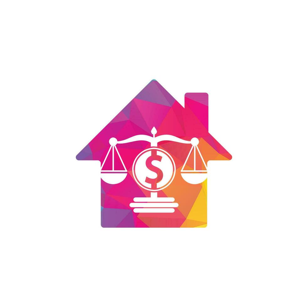 design de logotipo de vetor de forma de casa de escritório de advocacia de dinheiro. conceito de finanças. escala de logotipo e ícone de símbolo de dólar
