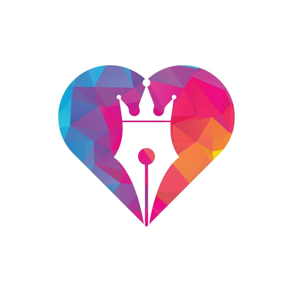 caneta rei e design de logotipo de vetor de forma de coração. modelo de vetor de design de logotipo de coroa de caneta real.