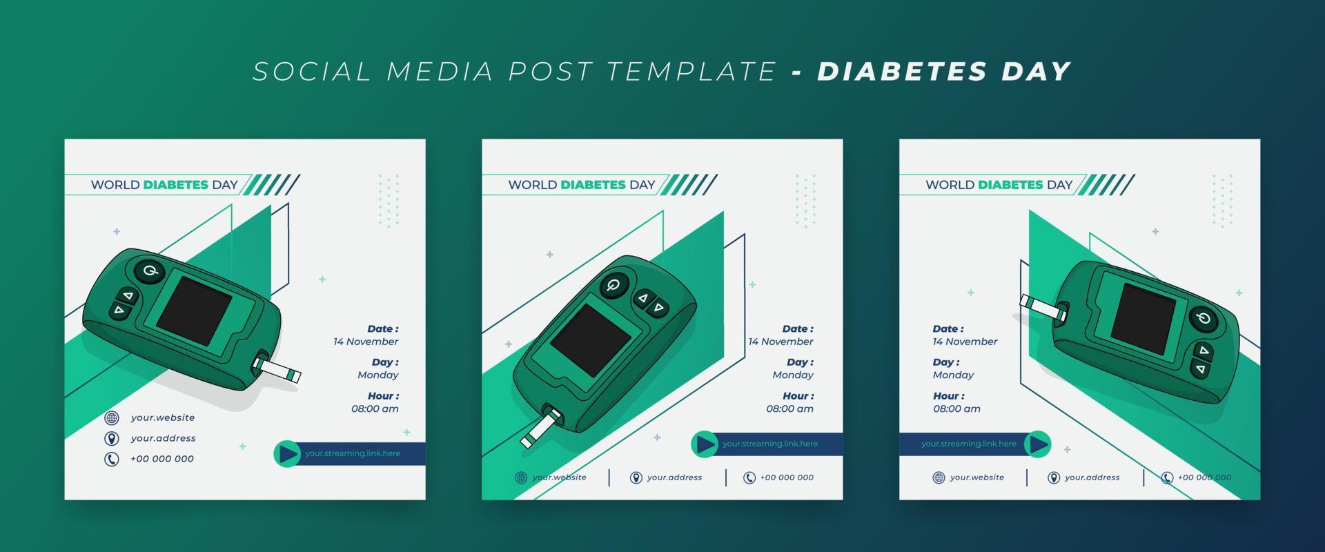 conjunto de modelo de postagem de mídia social com medidor de glicose em design de desenho animado para design do dia mundial do diabetes vetor