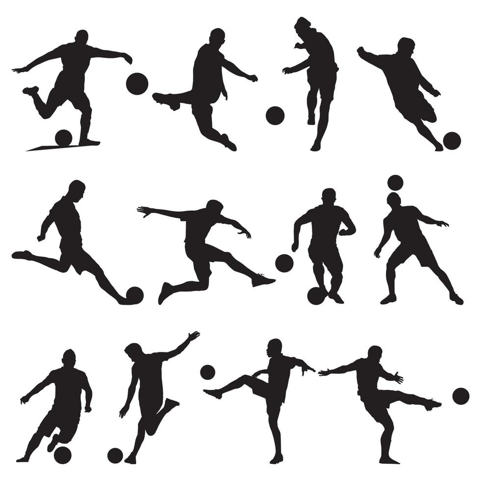 coleção de jogadores de futebol de silhuetas chutando a bola vetor