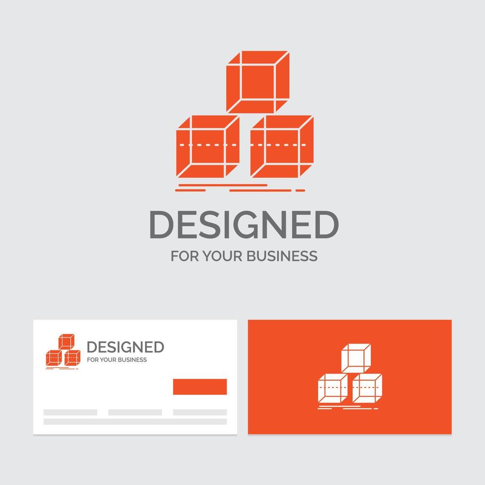 modelo de logotipo de negócios para organizar. Projeto. pilha. 3d. caixa. cartões de visita laranja com modelo de logotipo da marca. vetor