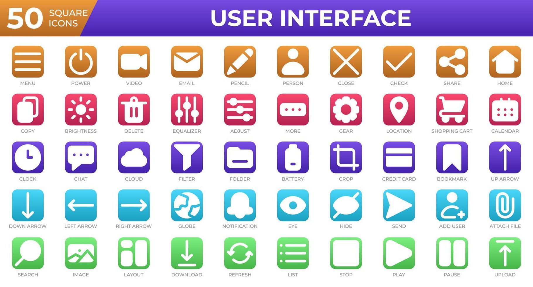 conjunto de 50 ícones de interface de usuário em estilo quadrado. menu, calendário, relógio. coleção de ícones quadrados. ilustração vetorial vetor
