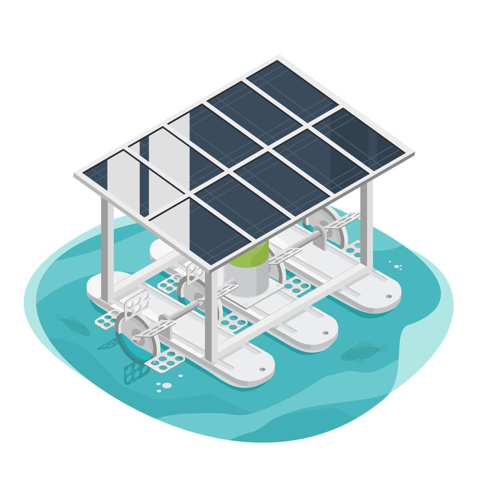 sistemas de aeração de águas residuais células solares isométricas economia de energia jardim agricultura inteligente vetor