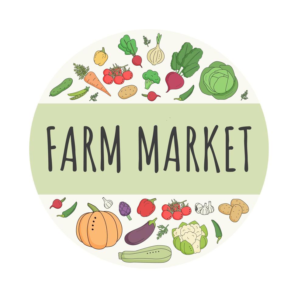 cartaz do mercado agrícola com legumes. estilo de desenho animado. vetor