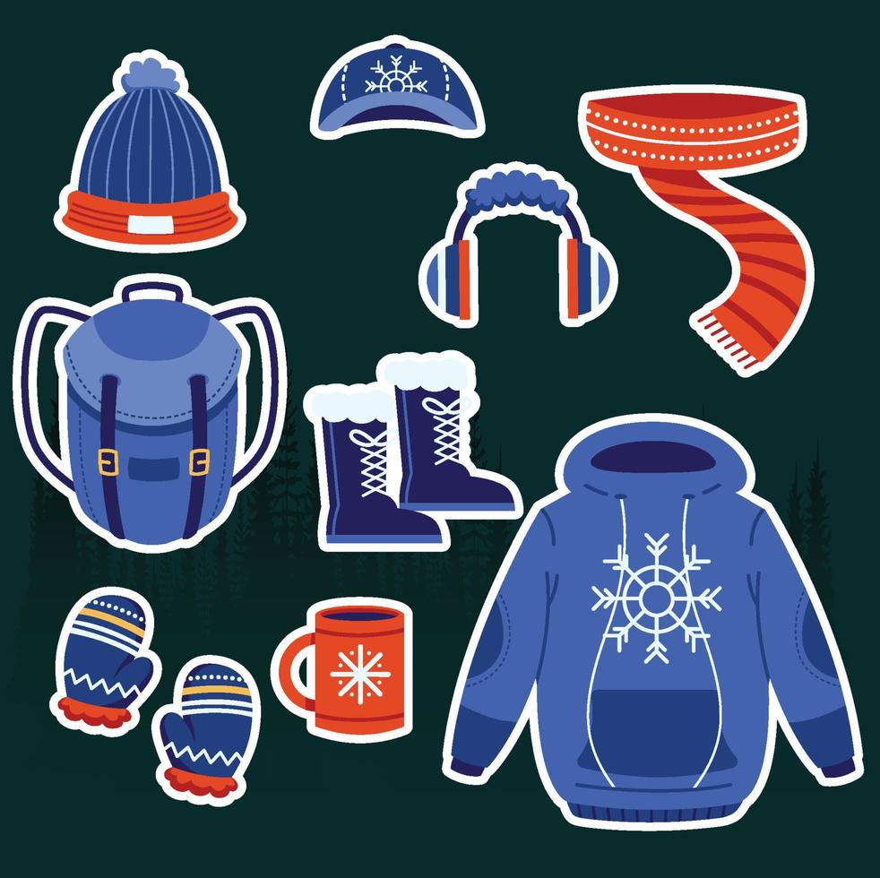 conjunto de ícones de sinais de roupas quentes de inverno dos desenhos animados vetor