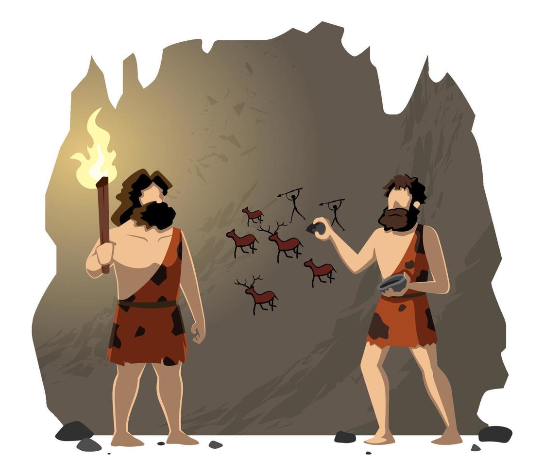 homens das cavernas desenhando pintura rupestre vetor