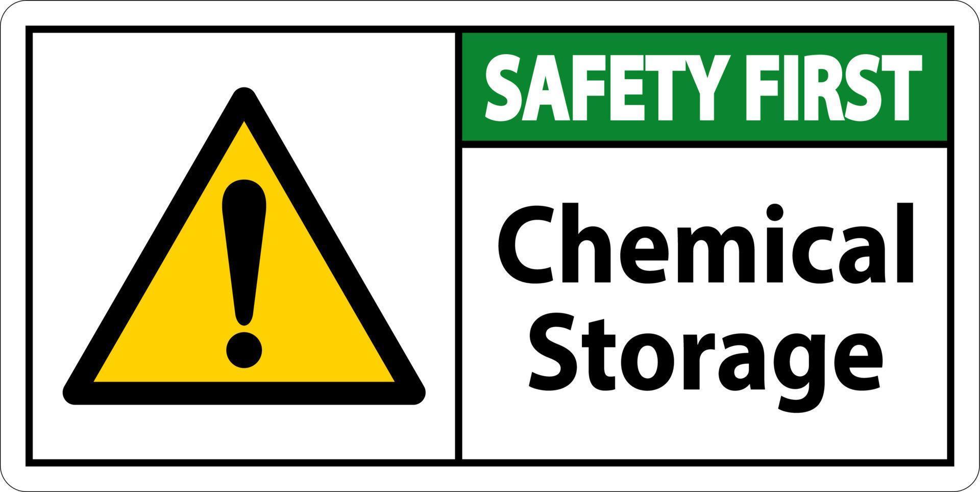 segurança primeiro sinal de símbolo de armazenamento químico em fundo branco vetor