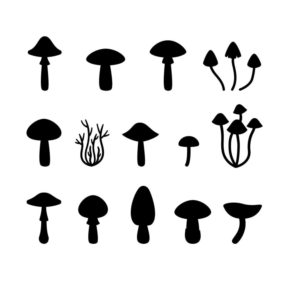 definir silhuetas de cogumelos pretos em fundo transparente. ilustração decorativa para corte com jato de areia, laser e plotter. vetor