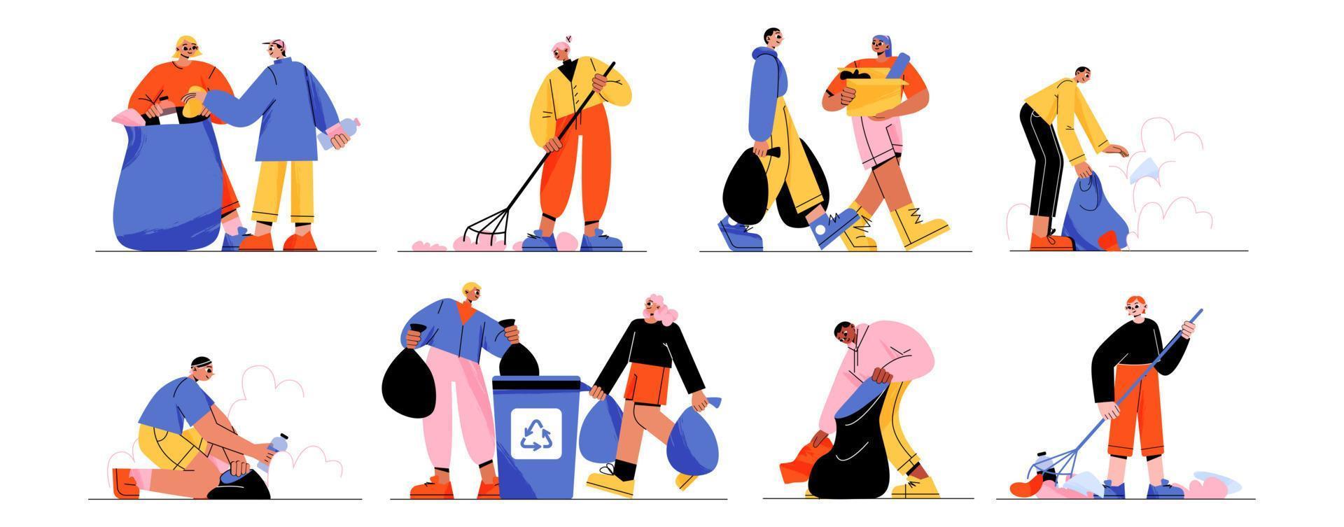 pessoas coletam lixo voluntários limpeza de personagens vetor