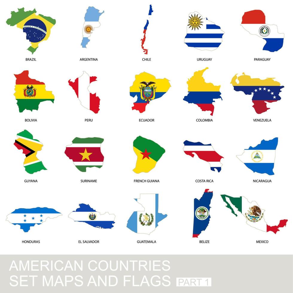 conjunto de países americanos, mapas e bandeiras vetor