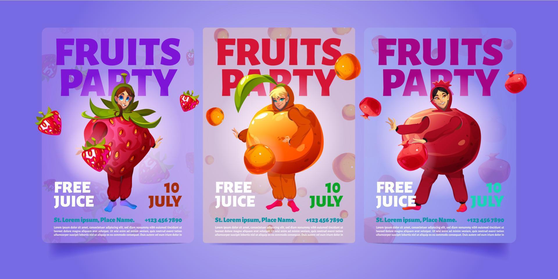 panfletos de festa de frutas com pessoas em trajes engraçados vetor