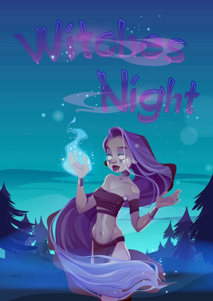 cartaz de noite de bruxa com garota feiticeira assustadora vetor
