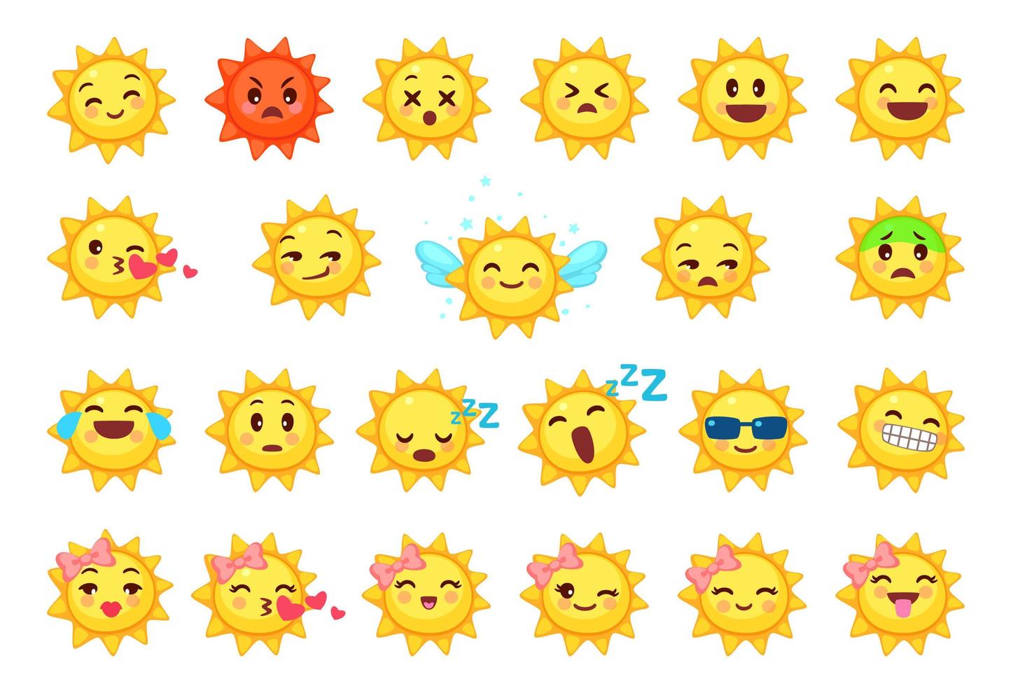 coleção de emoticons diferentes de desenhos animados bonitos do sol vetor