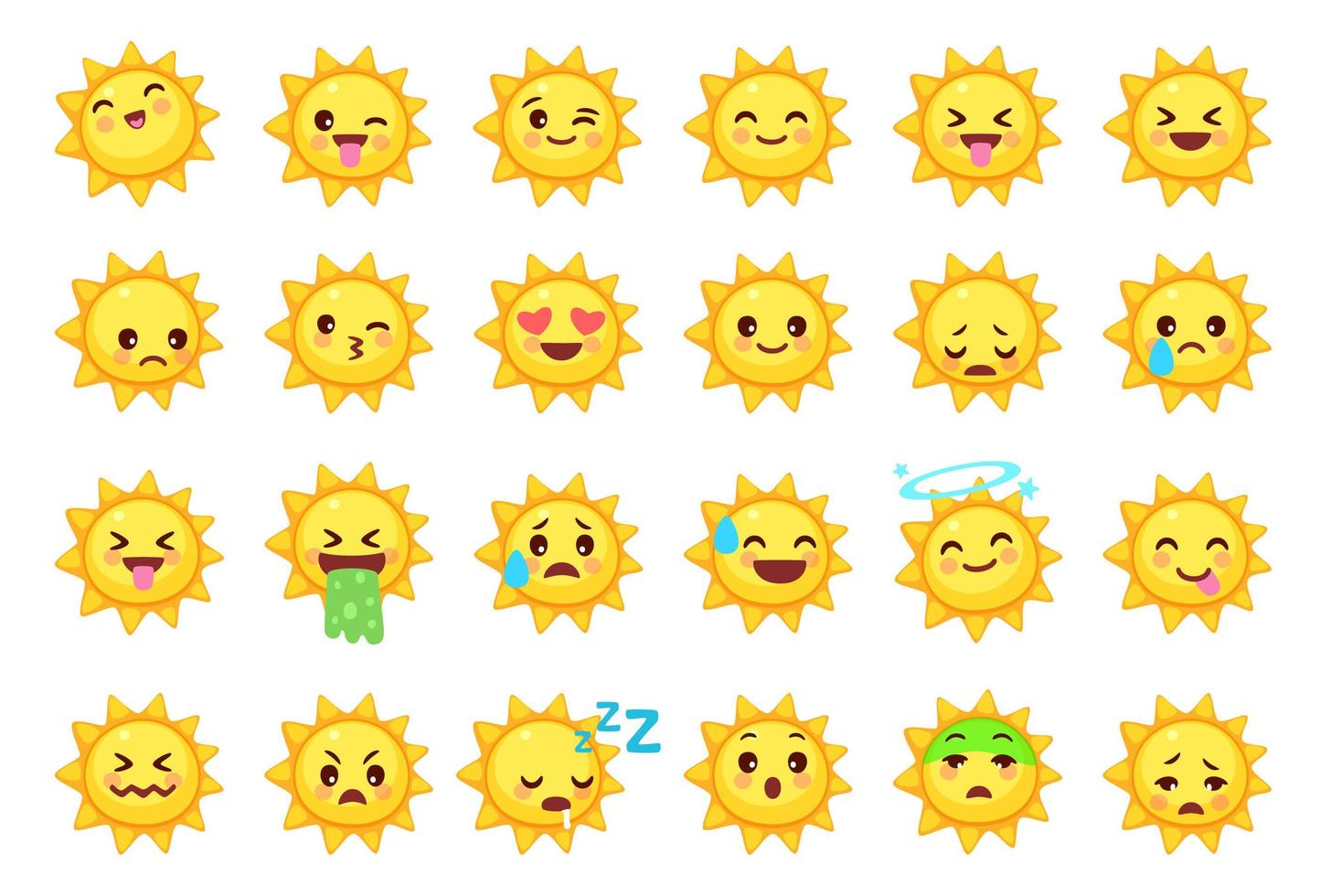 coleção de emoticons diferentes de desenhos animados bonitos do sol vetor