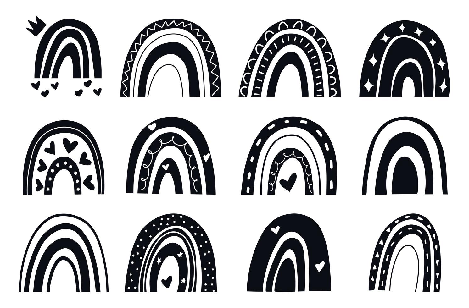 conjunto de arco-íris doodle em preto e branco vetor