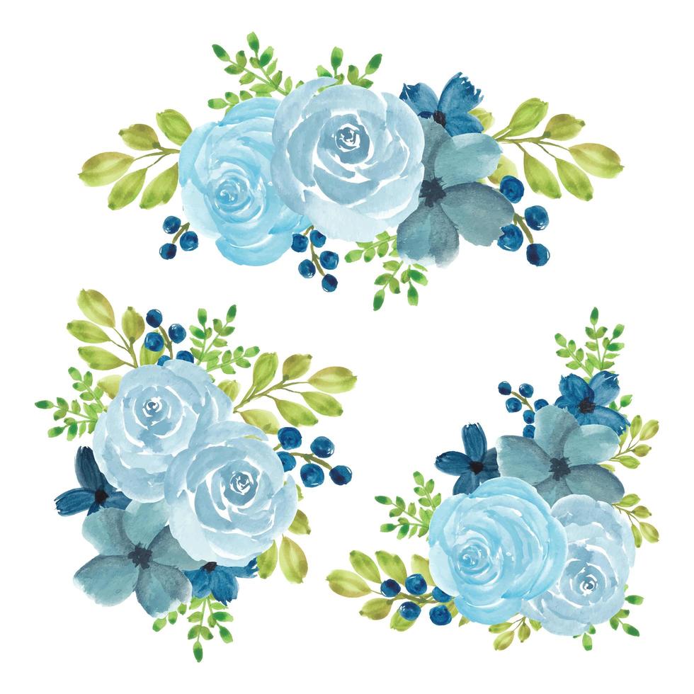conjunto de buquê de flores em aquarela rosa azul vetor