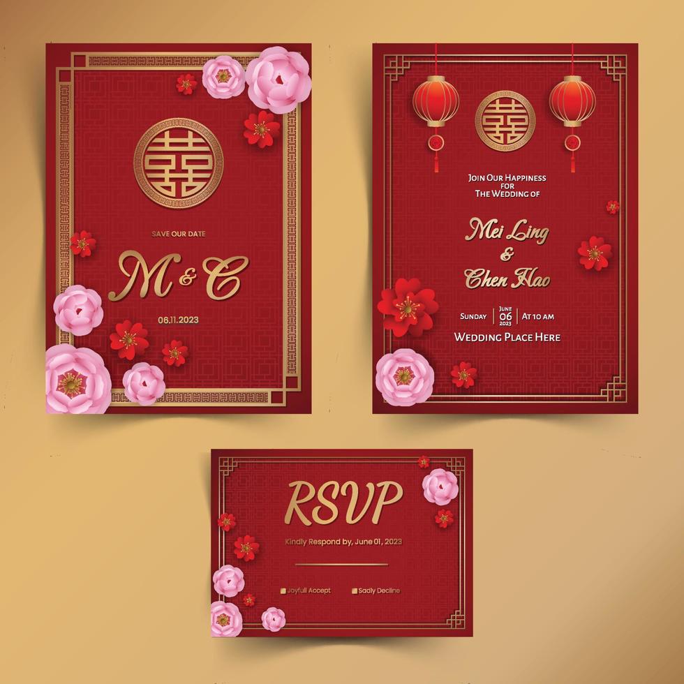 conjunto de convite de casamento chinês vetor