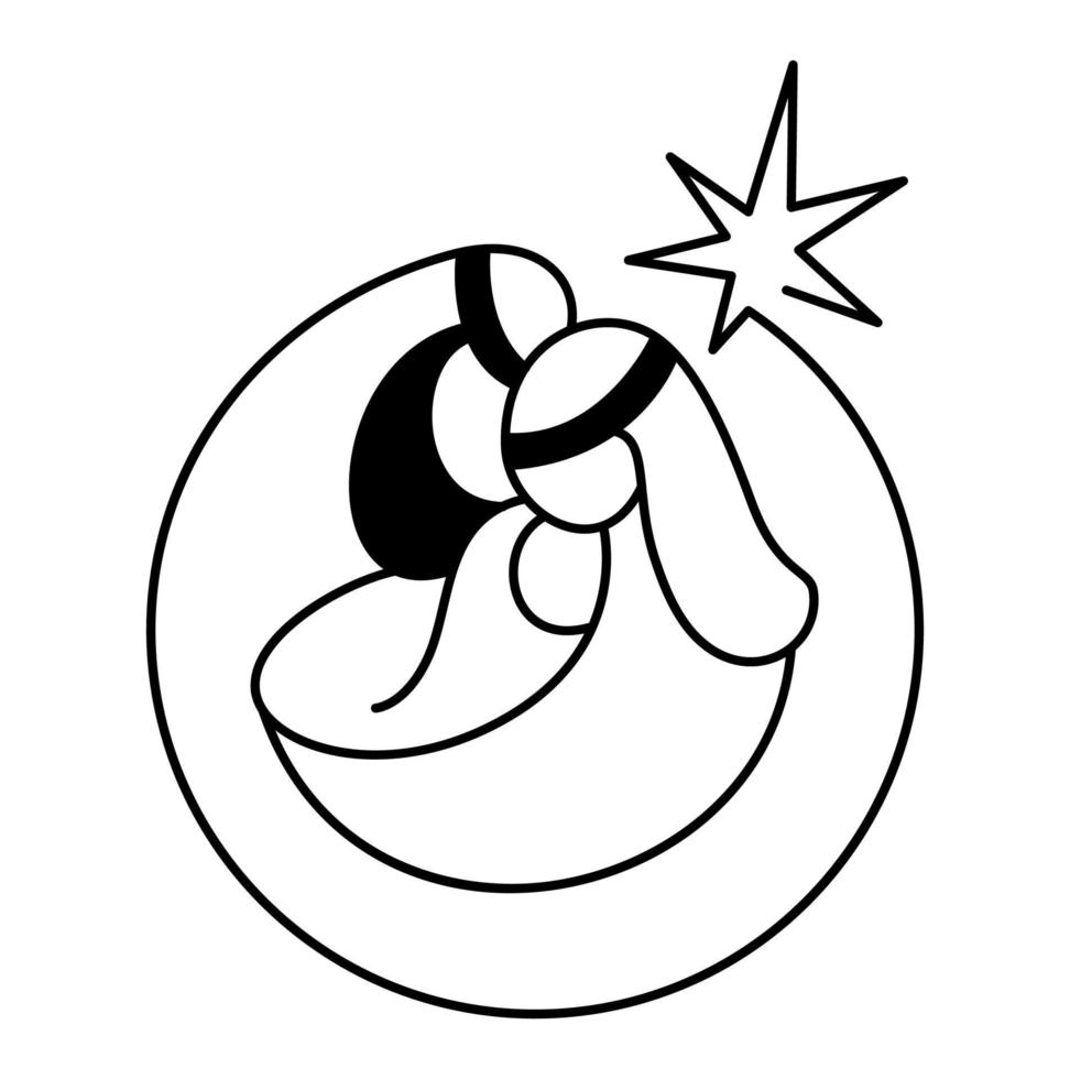 Natal vetor ícone cristão presépio religioso do bebê jesus com mary e joseph. esboço de ilustração do logotipo. doodle desenhado à mão com linhas pretas isoladas no fundo branco