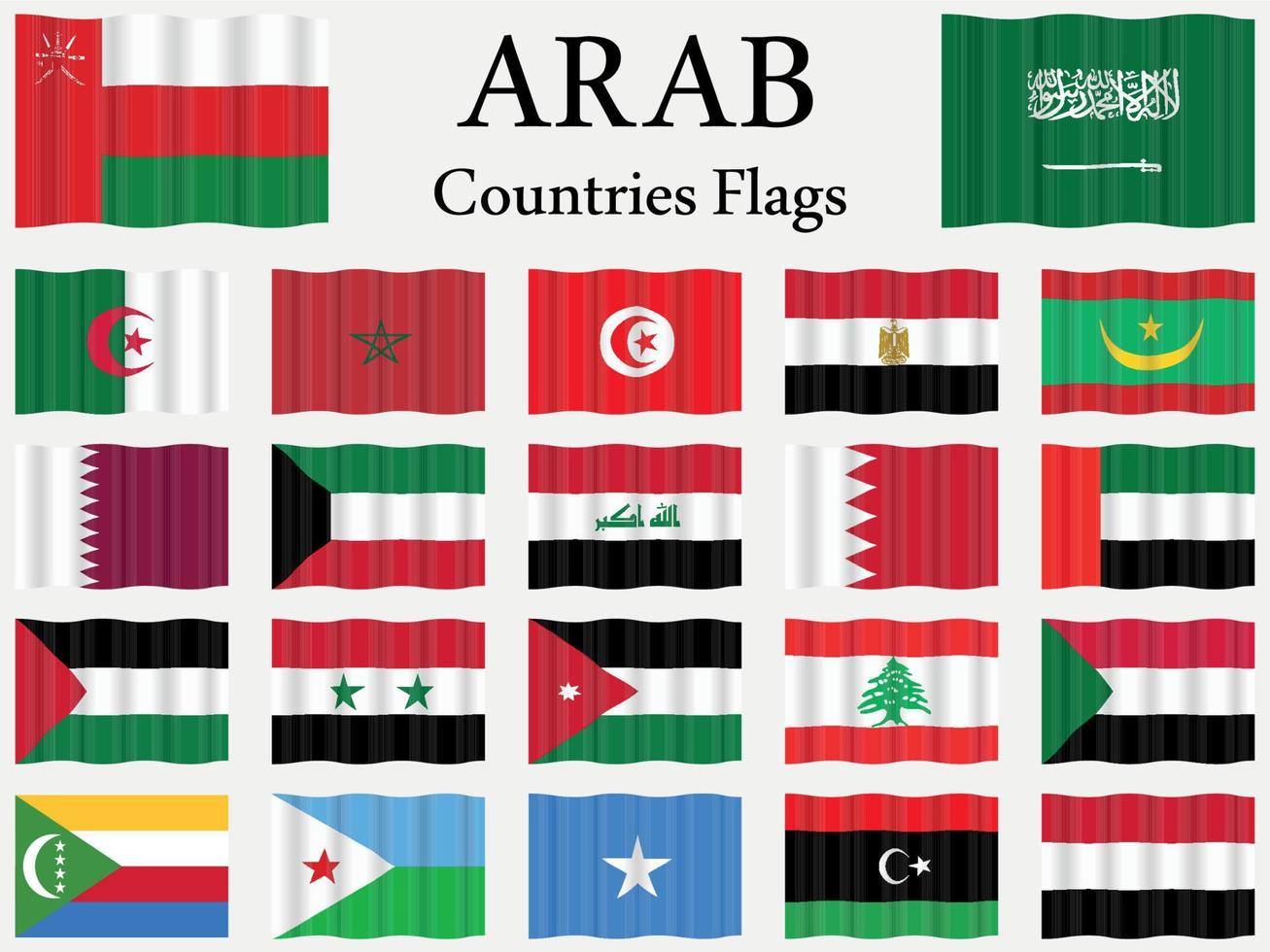 conjunto de bandeiras onduladas dos países da liga árabe, toda a coleção de bandeiras flutuantes onduladas 22 árabes. vetor