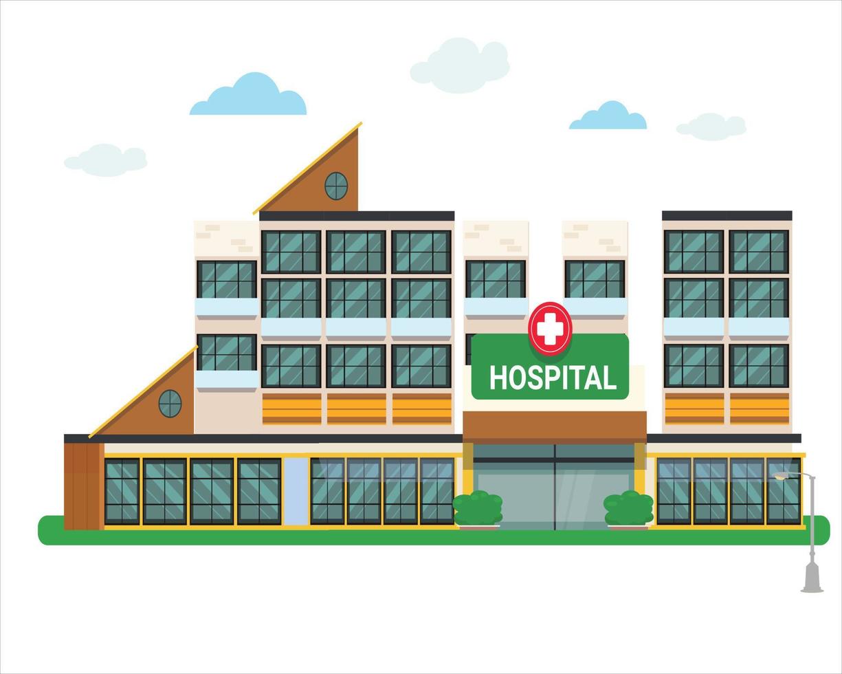 ilustração em vetor estilo cartoon do edifício do hospital médico. isolado no fundo branco. no céu há nuvens