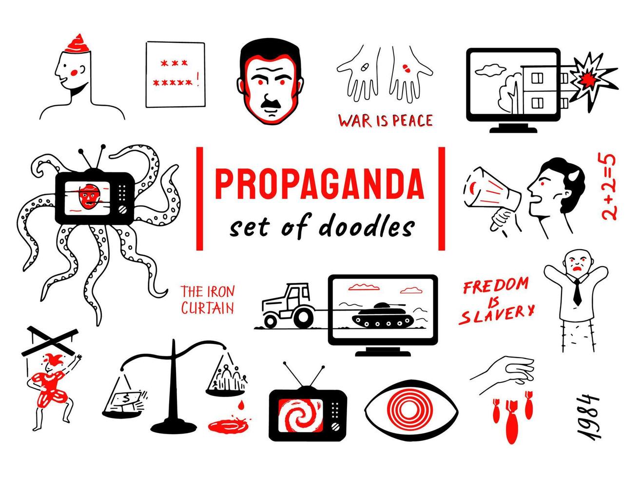 doodle símbolos de propaganda, manipulação, regime ditatorial e ideologia totalitária. vetor