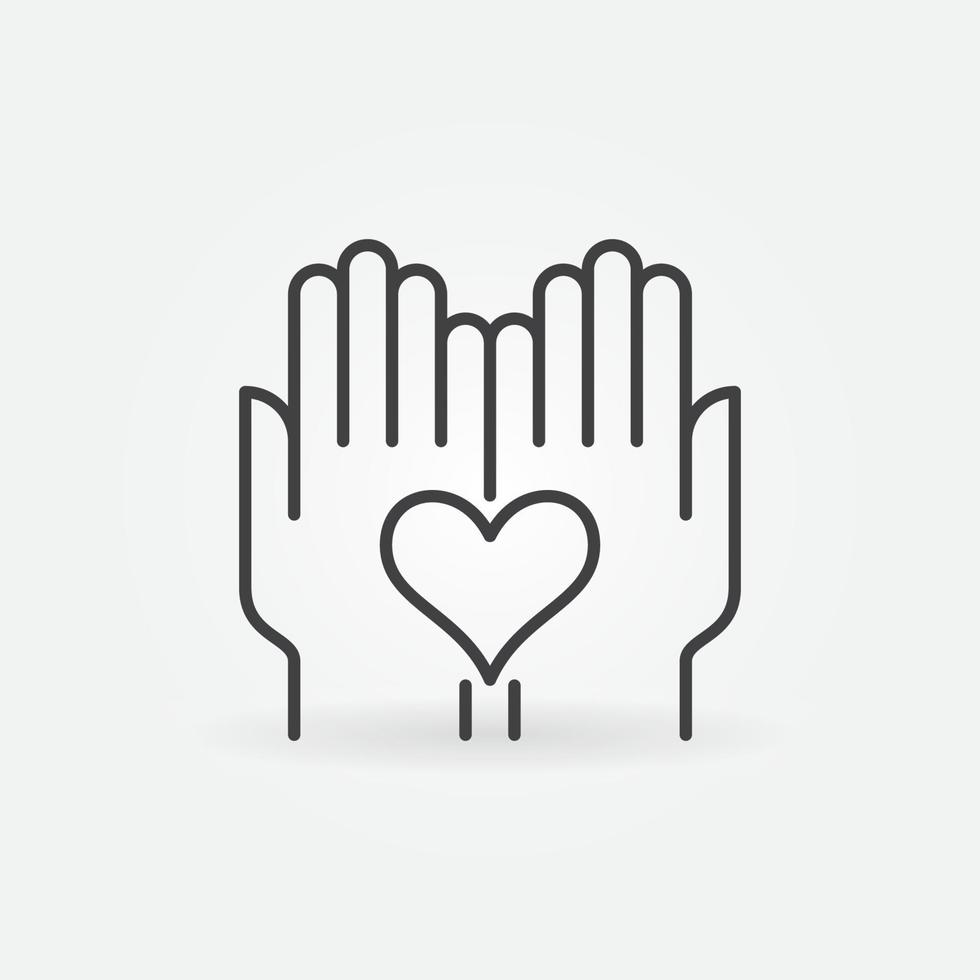 coração no ícone linear de mãos. símbolo de linha de vetor de bondade