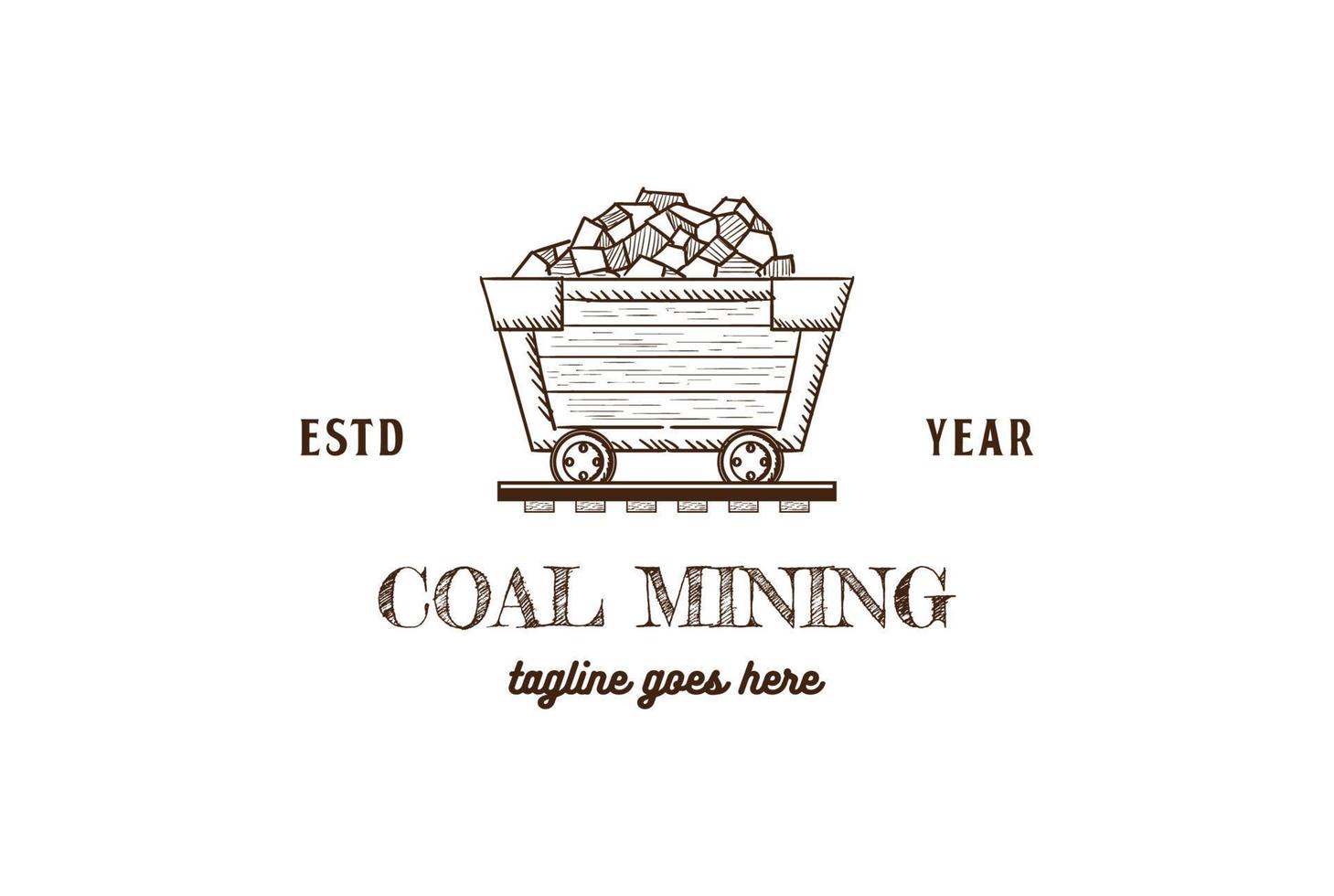 vetor de design de logotipo de carroça de mineração de carvão retrô vintage