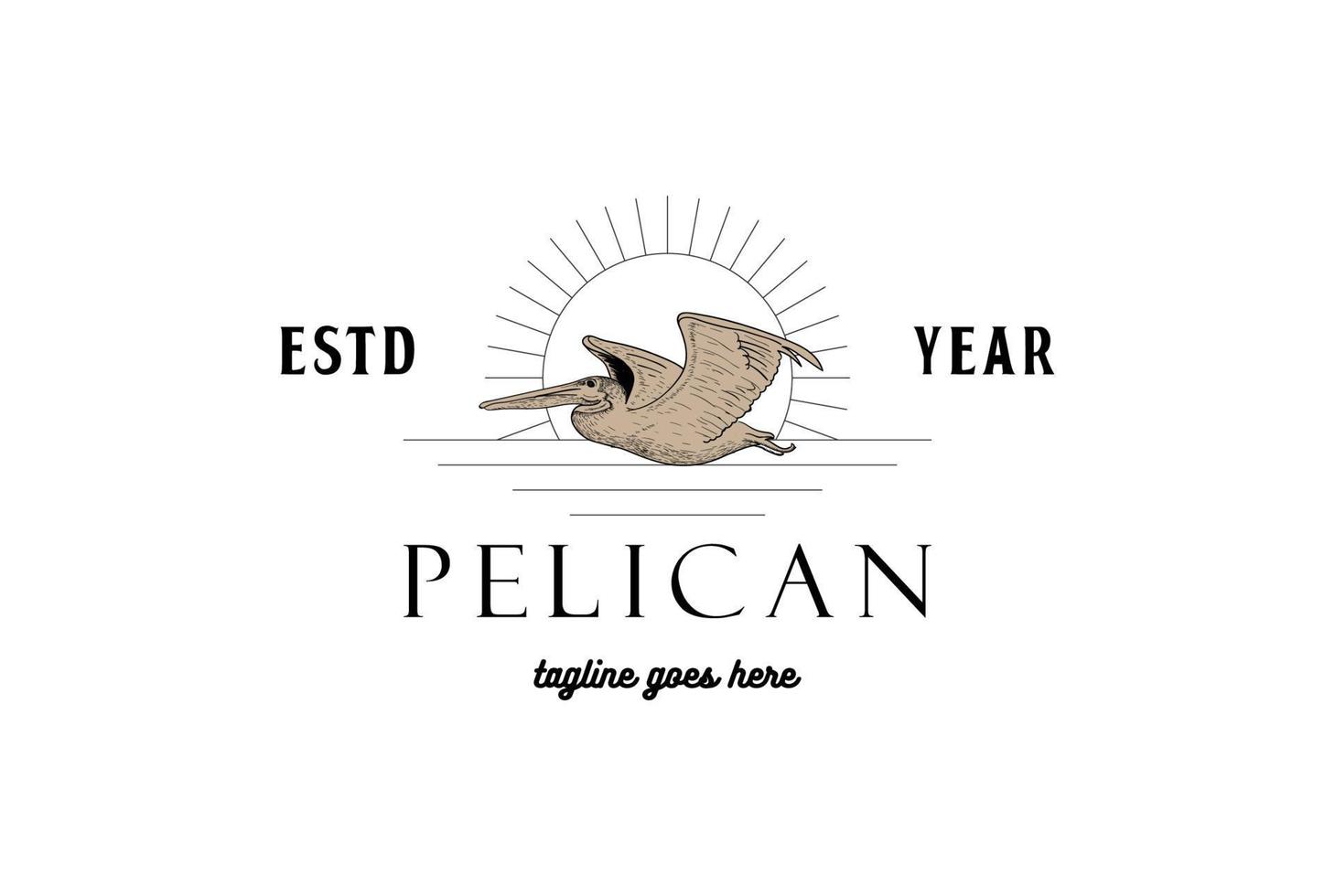 vetor de design de logotipo de pássaro pelicano voador por do sol vintage