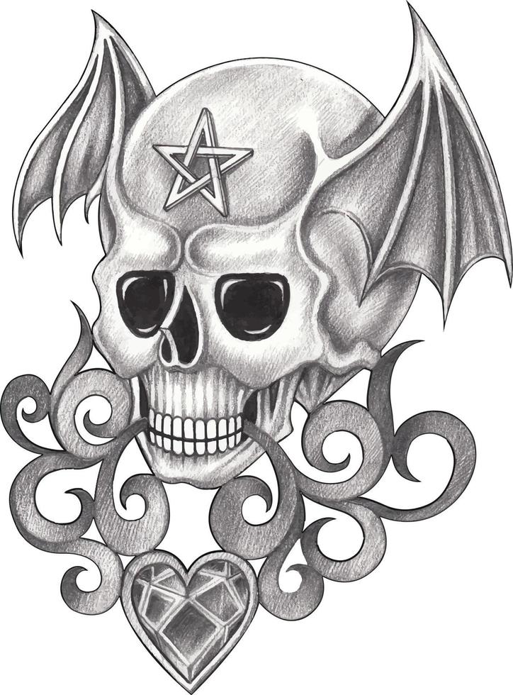 arte fantasia vintage mix asas tatuagem de caveira de diabo. desenho à mão e fazer vetor gráfico.