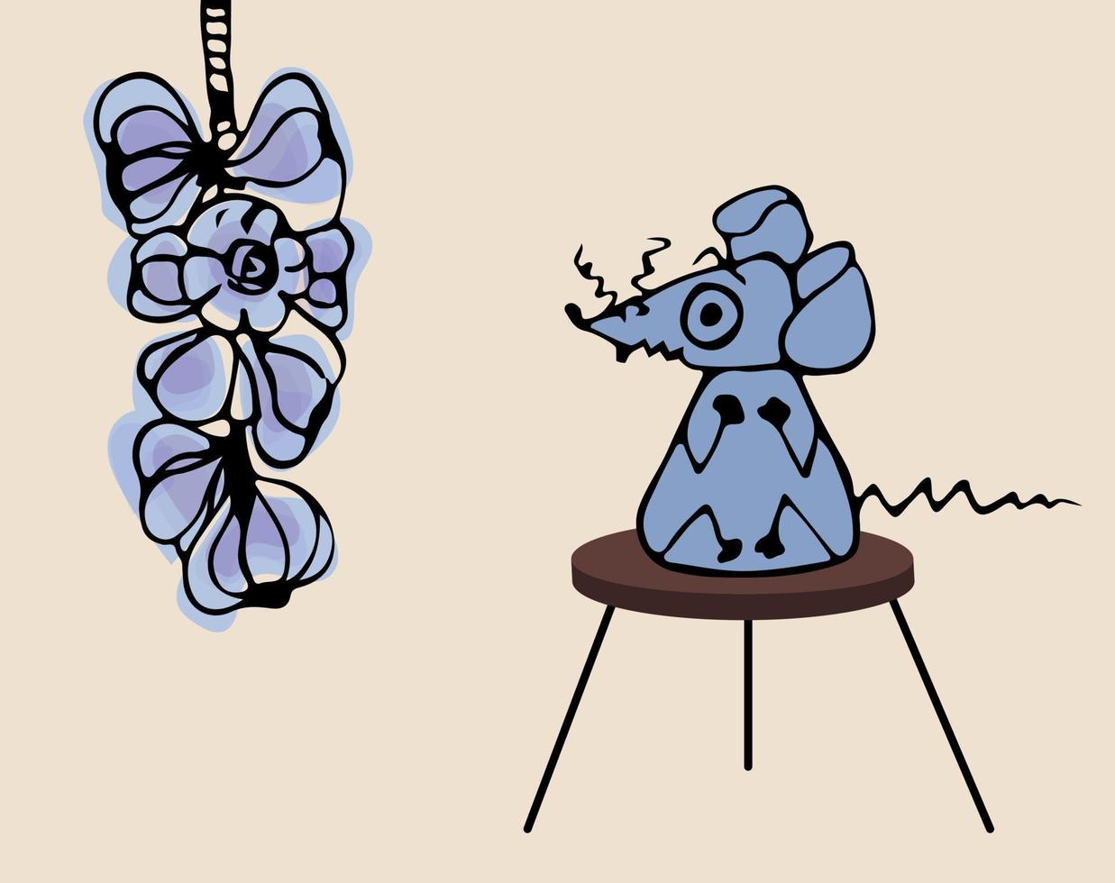 o rato cinza está sentado em um banquinho e tem medo de alho. ilustração emocional do bebê em vetor de estilo doodle de cor