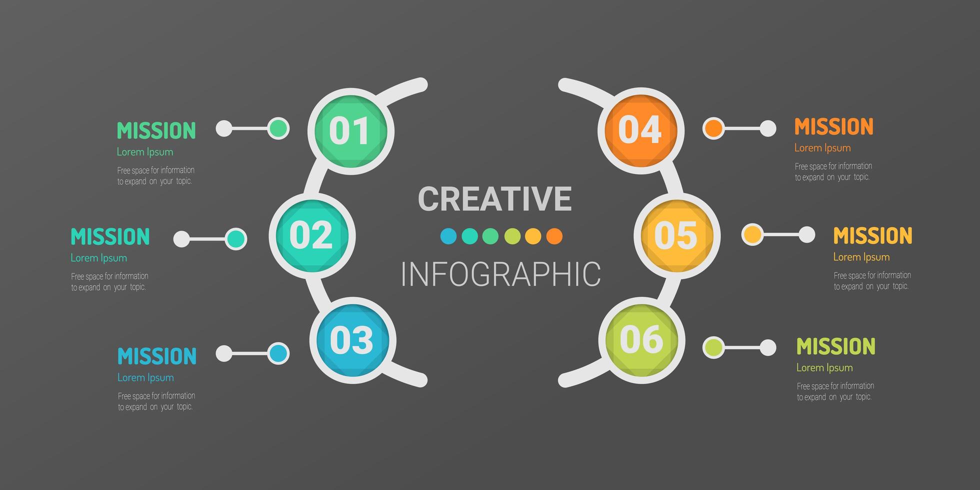 Modelo de infográfico de 6 etapas com círculos coloridos vetor