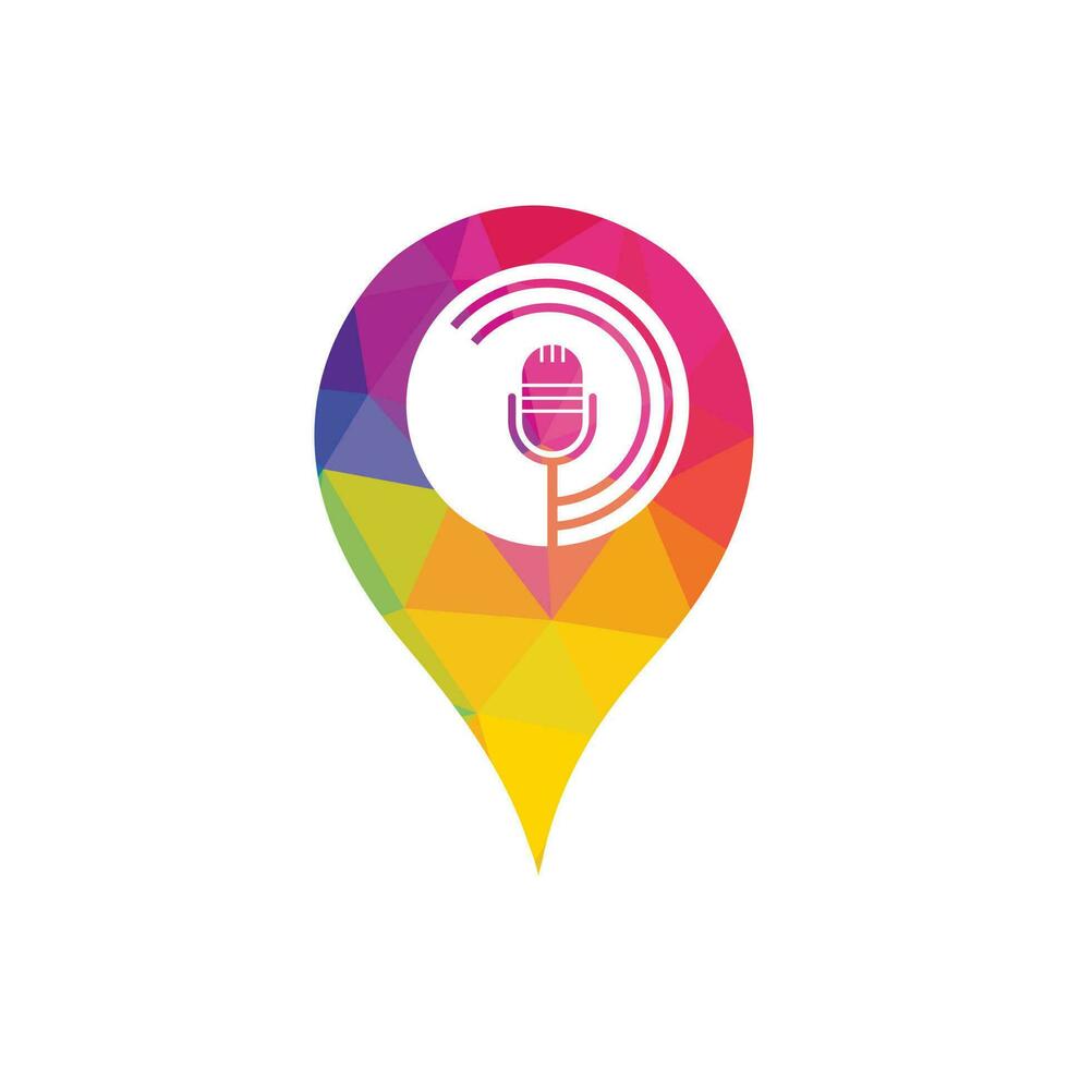 podcast e design de logotipo de pino de mapa. microfone de mesa de estúdio com design de ícone de transmissão. vetor