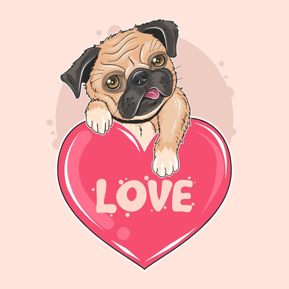 cão pug fofo segurando um coração de amor vetor