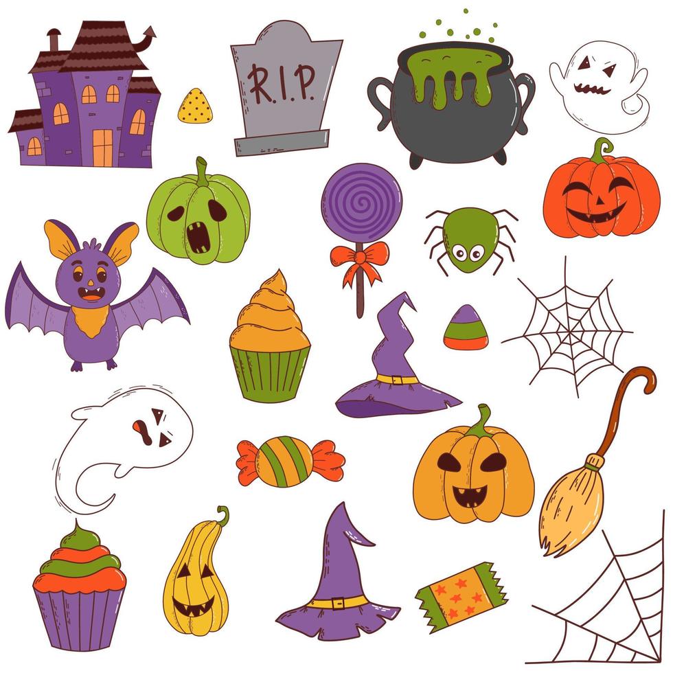 engraçado conjunto de halloween abóbora, fantasma, chapéu de bruxa, morcego, doces, aranha, vassoura. conceito de gostosuras ou travessuras. ilustração vetorial em estilo desenhado à mão vetor