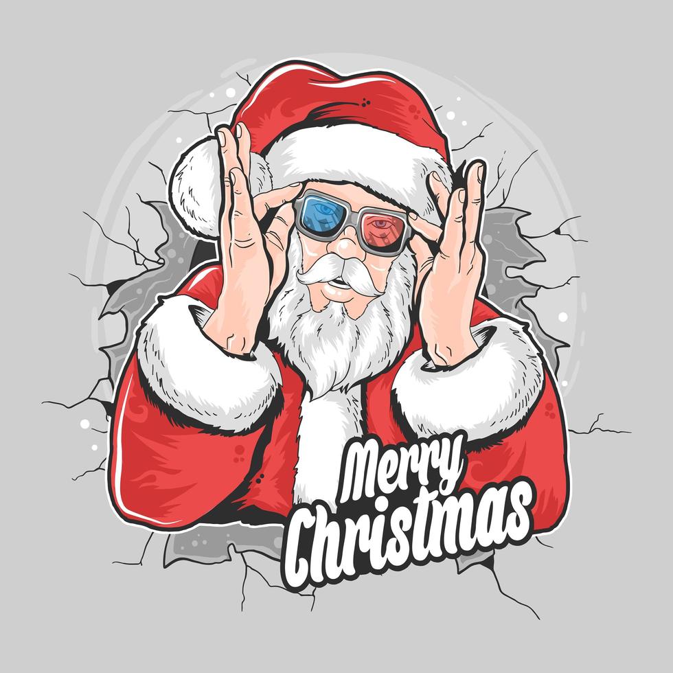 Papai Noel sai da parede enquanto põe óculos vetor