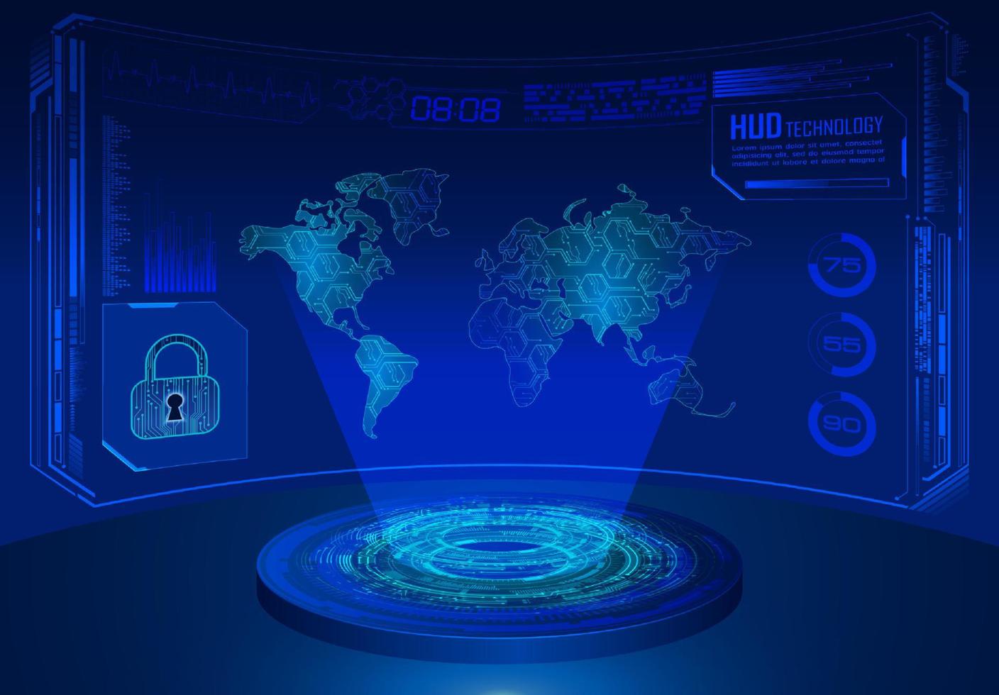 projetor holográfico de mapa do mundo moderno em fundo de tecnologia vetor