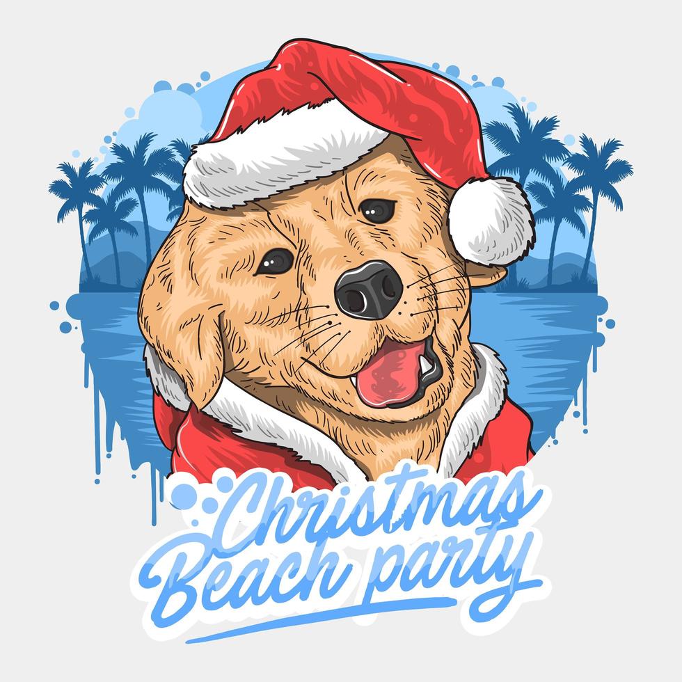 projeto de festa de natal na praia com cachorro em traje de Papai Noel vetor