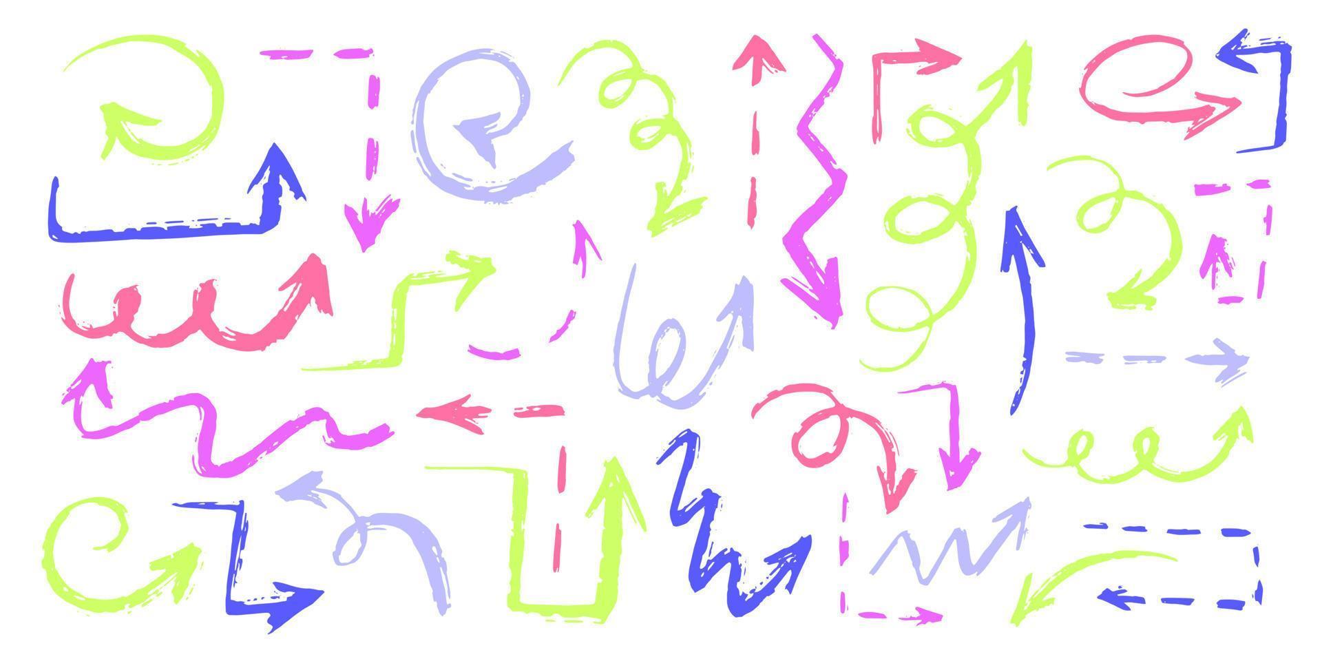 conjunto de ícones de vetor de seta doodle desenhado à mão colorido definido. esboçar design de seta para plano de negócios e educação