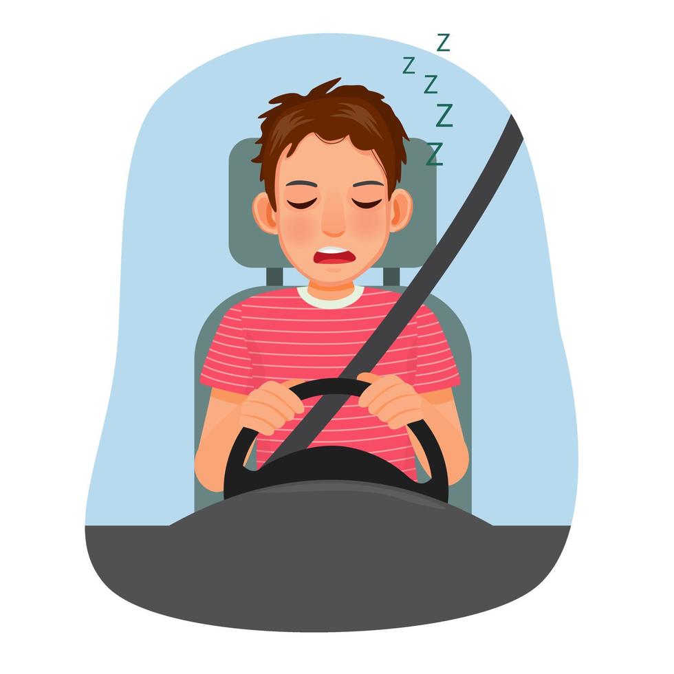 jovem motorista sonolento adormecer enquanto dirige um carro vetor