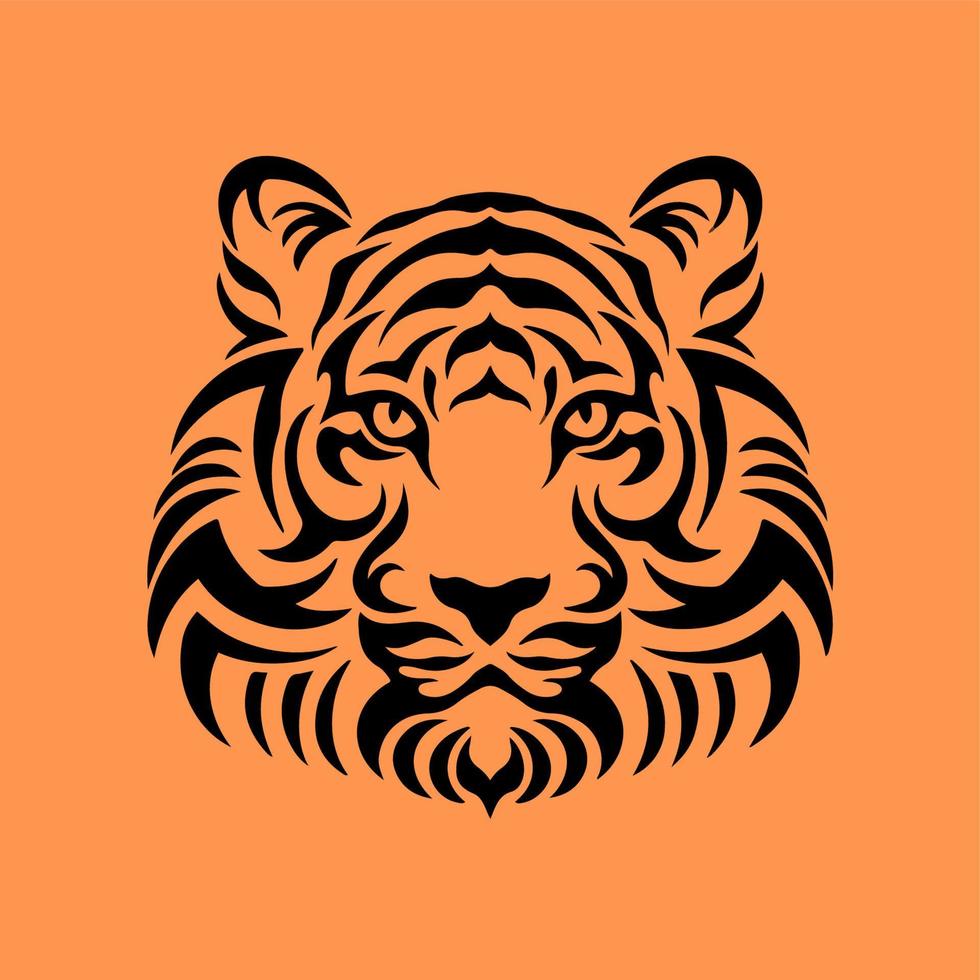 logotipo de símbolo de cabeça de tigre preto em fundo laranja. desenho de tatuagem tribal de animais selvagens. ilustração vetorial plana de estêncil vetor